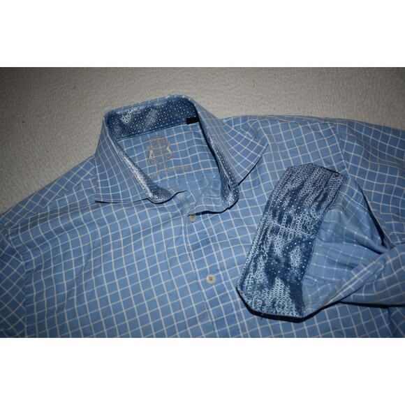 English Laundry Dress Shirt Mens Size Large Blue Plaid Geometric Flip Cuffs - Picture 1 of 10